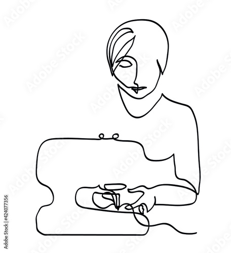One line drawing of woman and sewing machine.
One continuous line drawing of closeup hands inserting thread into sewing machine needle.
