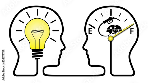 Continous draw of two heads with lightbulb and fuel gauge indicating full tank. Teamwork business concept design to use in brainstorm, success, education and psychology projects.