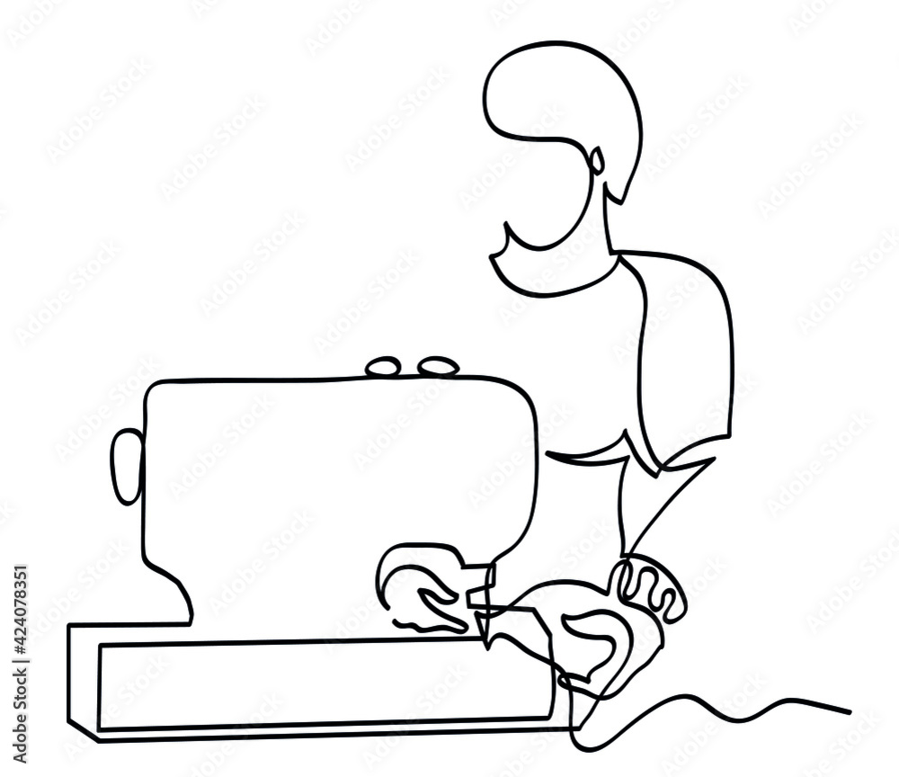One line drawing of woman and sewing machine. One continuous line