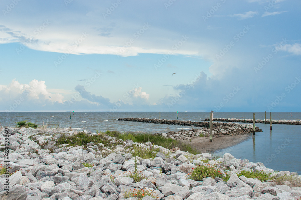 Summer background. Seascape with stones on the berga and ocean with birds