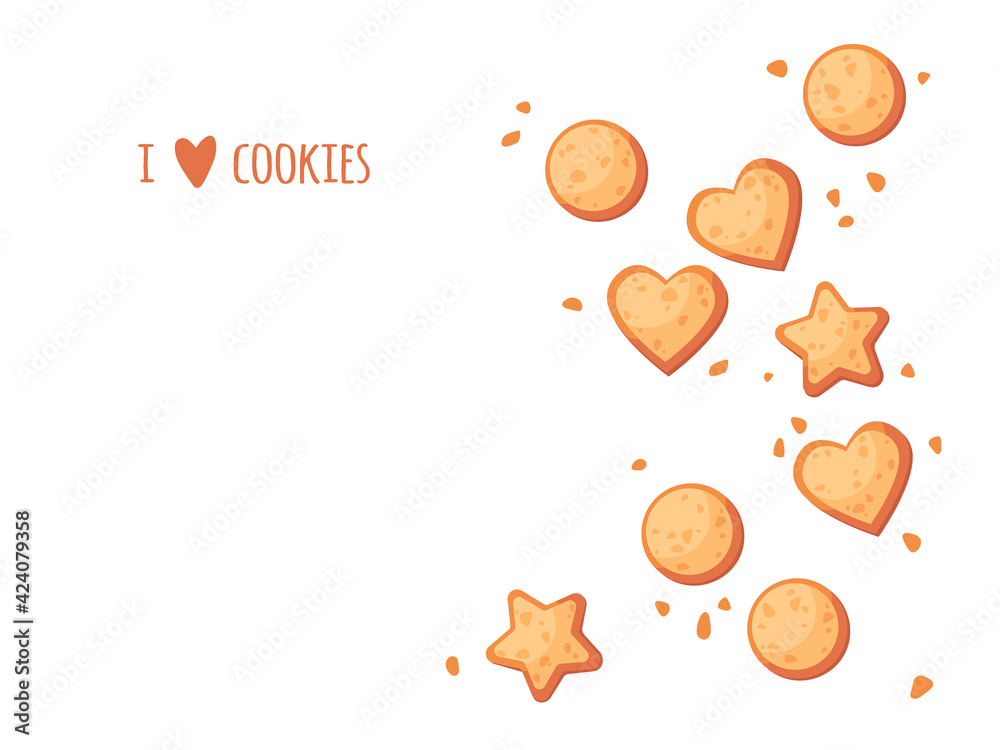 Cute pre-made greeting card of biscuits. I love cookies. Heart, star and circle shaped pastry. Cartoon vector illustration. Cute pre-made greeting card of biscuits. I love cookies. Heart, star and circle shaped pastry. Cartoon vector illustration.