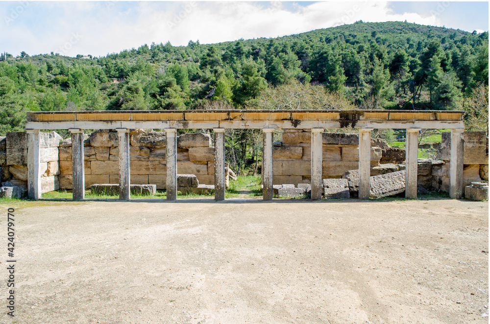 The theatre of the Amphiareion oropos Greece,panoramic view front part of stage The theatre of the Amphiareion oropos Greece,panoramic view front part of stage