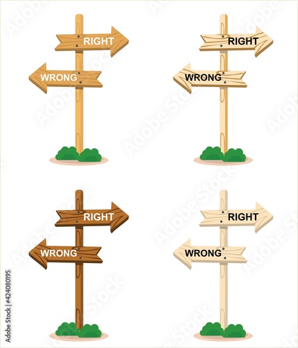 Vector illustration set of wooden directional arrows showing right and wrong directions, logo and icon, holiday and travel themes, perfect for travel advertisements