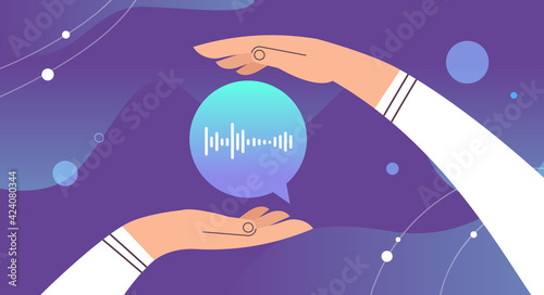 hands holding audio voice message speech audio chat application social media online communication concept