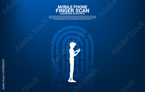 businesswoman with mobile phone and thumbprint icon from pixel transformation. background concept for finger scan technology and privacy access.