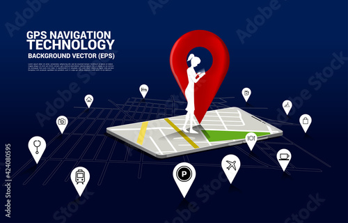 businesswoman with mobile phone and 3D GPS pin marker and map in mobile phone application. concept of location and facility place , GPS technology