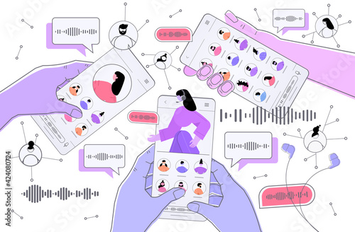 hands using smartphones communicate by voice messages audio chat application social media online communication