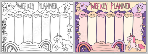 Weekly planner with unicorn and rainbow in cartoon style. Kids schedule desig...
