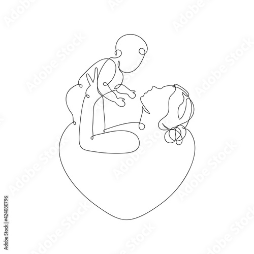 Happy Mother day card. Continuous one line drawing. Woman hold her baby. Pregnant Woman