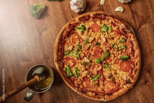 Close-up of an italian pizza with ingredients. Selective focus