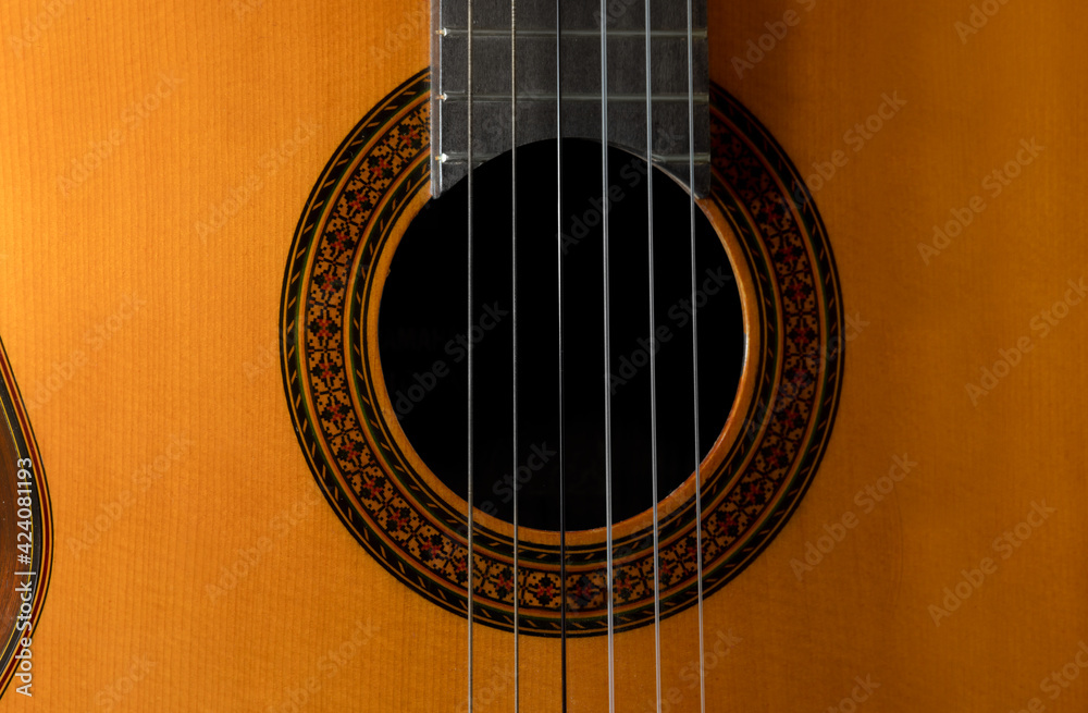 Close up of a Spanish guitar