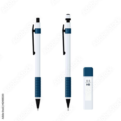 Automatic ballpoint pen and mechanical pencil in white case with rubber grip set. Vector illustration