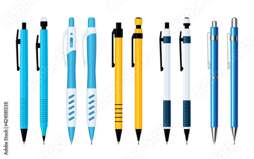 Automatic spring ballpoint pens and mechanical pencils set of various designs. Vector illustration