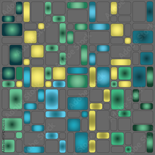 Abstract illustration featuring yellow, green and blue tiles on a gray background