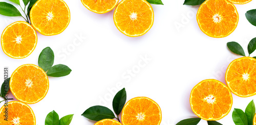 Orange fruits frame on white. Citrus fruits low in calories, high in vitamin C and fiber