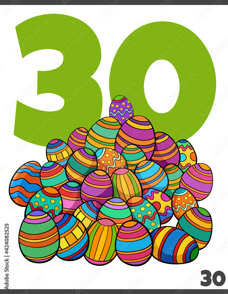 number thirty and cartoon Easter eggs group