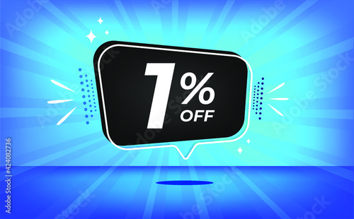 1% off. Blue banner with one percent discount on a black balloon for mega big sales.