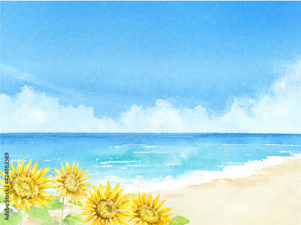 海とヒマワリと青空 夏の背景 水彩イラスト Stock Vektorgrafik Adobe Stock