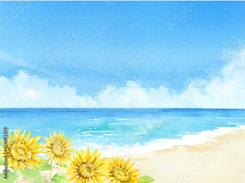 海とヒマワリと青空　夏の背景　水彩イラスト