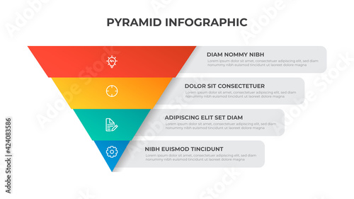 4 points of pyramid list diagram, triangle segmented level layout, infographic element template vector