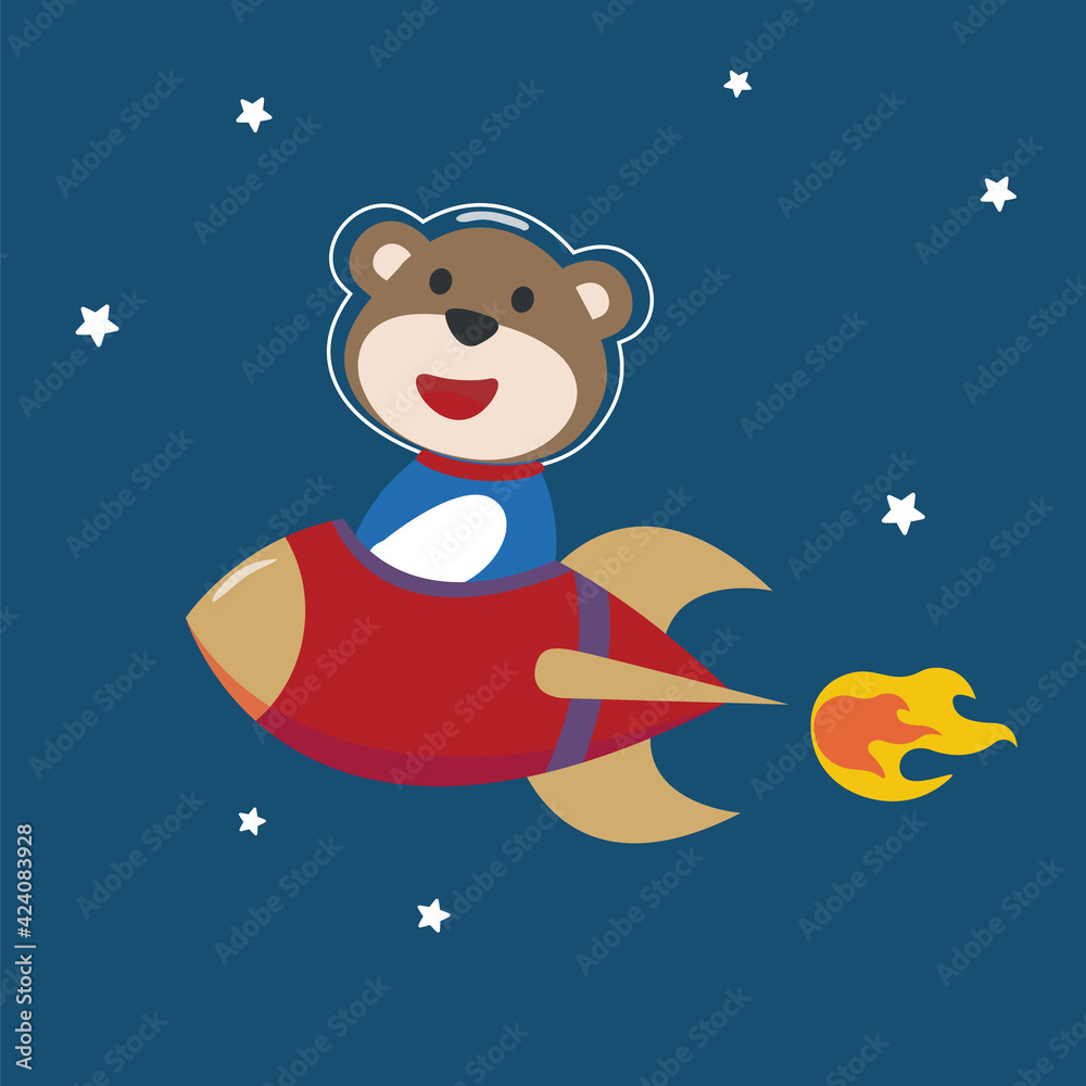 Fototapeta premium Cute bear astronaut play with his rocket. animal in outer space. Vector hand-drawn color children's illustration background for fabric, textile, nursery wallpaper, poster, card. and other decoration.