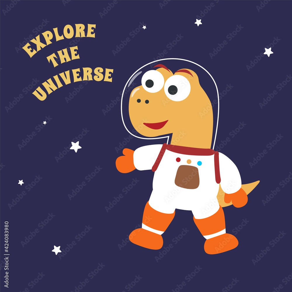 Funny dinosaur in space.Dinosaur in outer space. Vector hand-drawn color children's illustration background for fabric, textile, nursery wallpaper, poster, card, brochure. and other decoration.