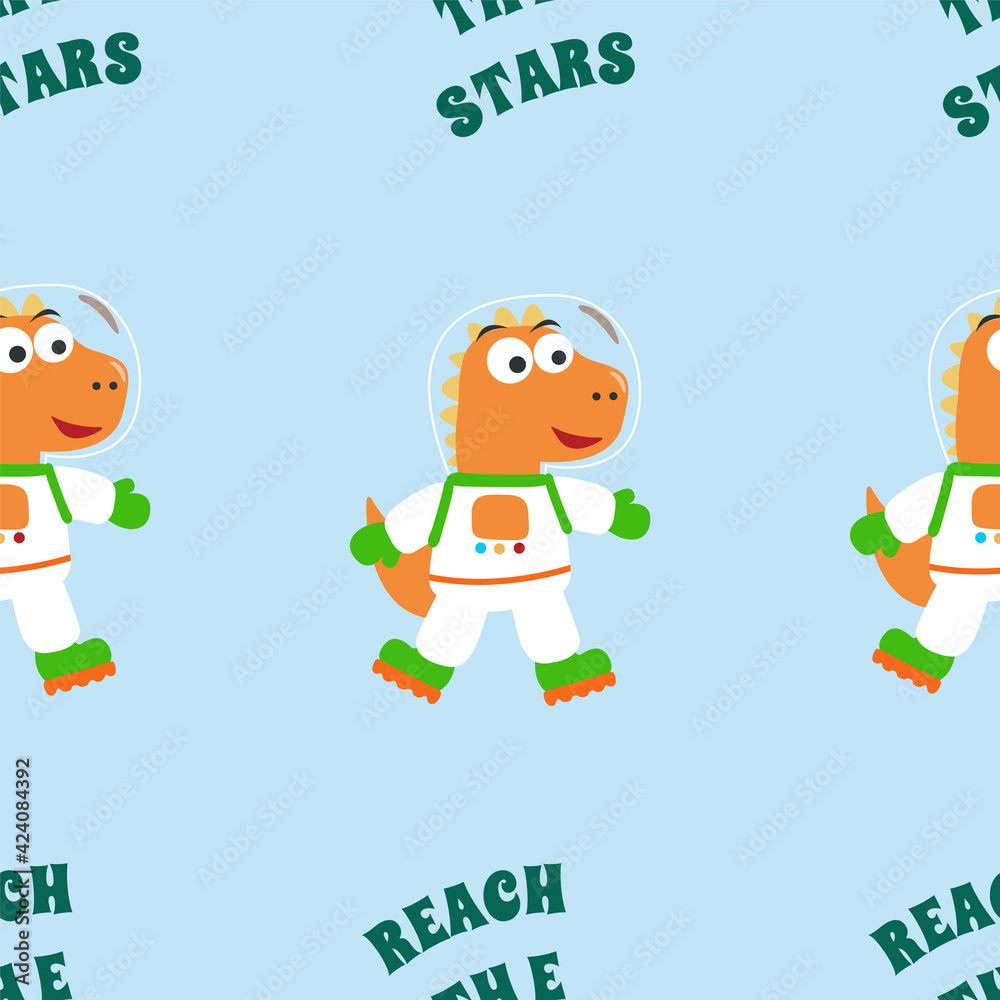 Seamless pattern vector of Funny dinosaur astronaut in space. Dinosaur in outer space. Creative vector childish background for fabric, textile, nursery wallpaper, card, poster and other decoration.