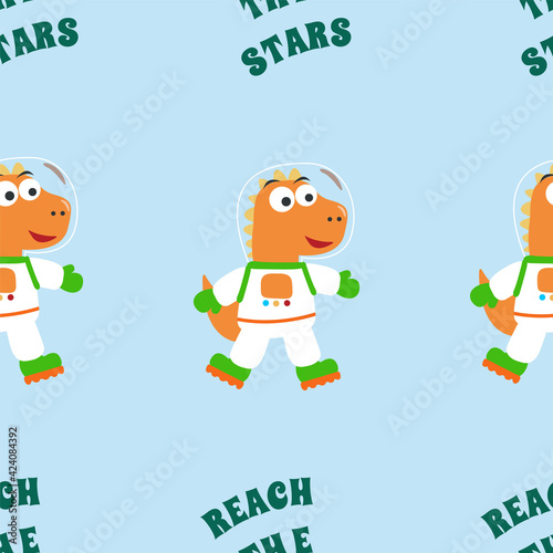 Seamless pattern vector of Funny dinosaur astronaut in space. Dinosaur in outer space. Creative vector childish background for fabric  textile  nursery wallpaper  card  poster and other decoration.