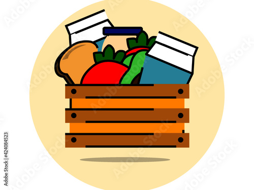 crate or wooden box used to transport products. Contains milk, tomatoes, avocado, mayonnaise, and bread