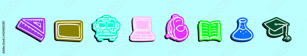set of school and education cartoon icon design template with various models. vector illustration isolated on blue background set of school and education cartoon icon design template with various models. vector illustration isolated on blue background