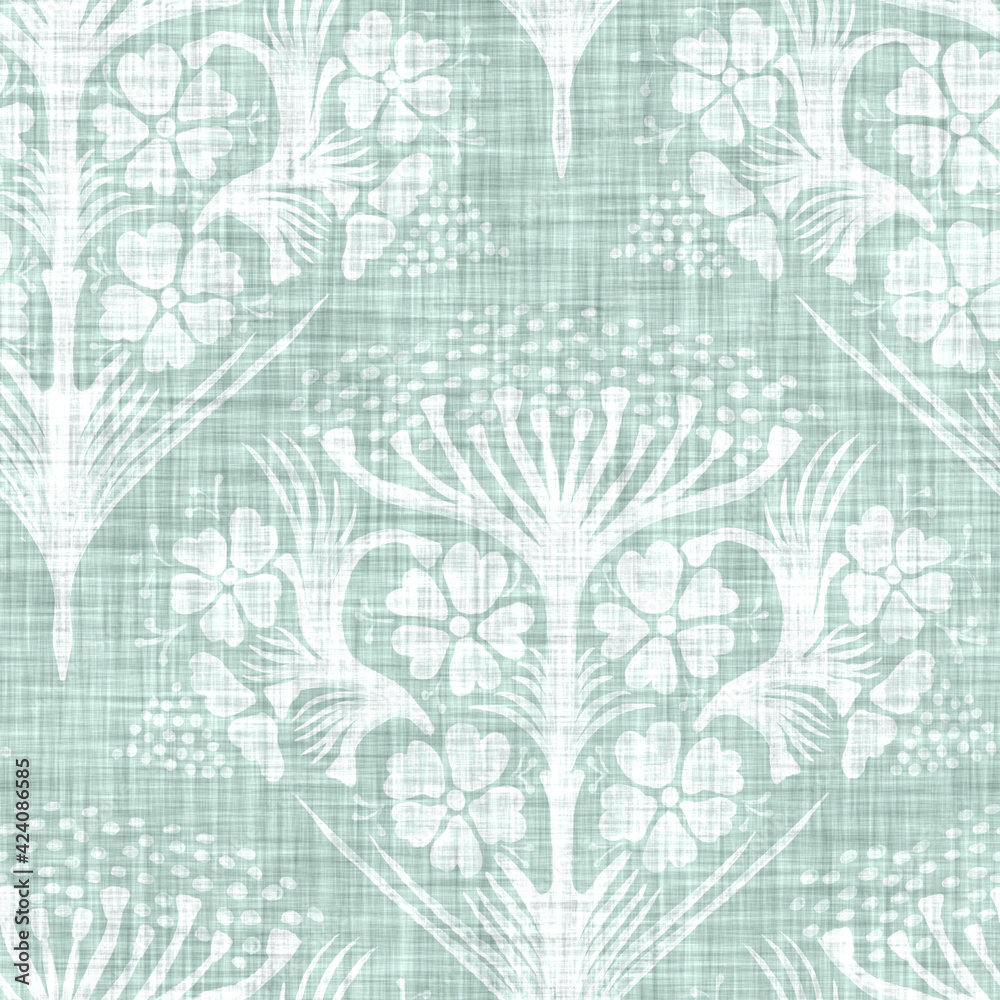 Aegean teal washed out flower linen texture background. Summer coastal living style tonal fabric effect. Sea green wash distressed grunge material. Decorative floral motif textile seamless pattern 
