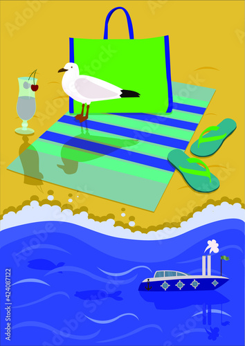 Beach accessories and a seagull near a sea and a yacht .