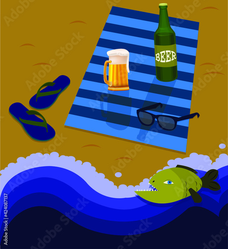 Mens accessories on a beach and a fish in a sea.