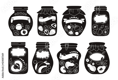 Tag and sticker glass jar fruit black glyph set. Label packaging jam drawing for notes, date or price. Cartoon juice peach plum, apricot apple. Frame product farmer market mockup vector illustration