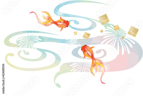 水彩風金魚の背景イラスト