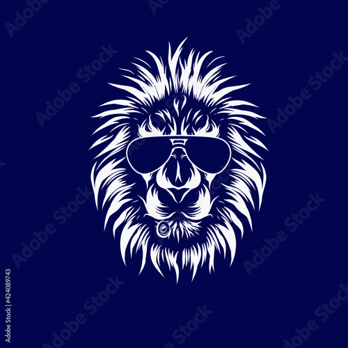 Lion head face vector silhouette line pop art potrait logo colorful design with dark background. Abstract vector illustration. Isolated black background for t-shirt, poster, clothing.