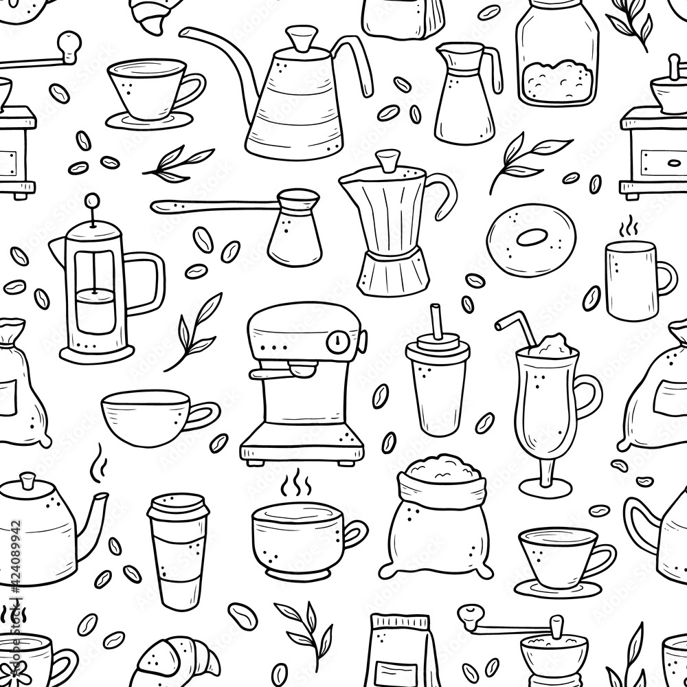 Hand drawn seamless pattern of different types coffee cup, mug, pot