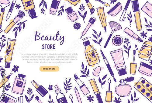 Hand drawn template with makeup beauty cosmetic elements, mascara, cream bottle, skin brush. Doodle sketch style. Illustration for makeup, beauty salon, cosmetic store banner, frame, poster design.