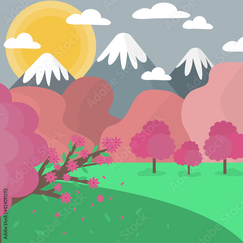 Vector nature spring landscape background. Cute simple cartoon style. Geometric landscape background in Asian Japanese style with mountains and pink trees.