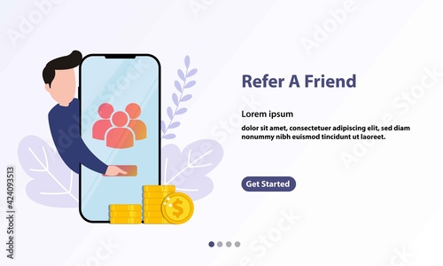 Refer A Friend Concept Design, People share info about referral and earn money. Suitable for web landing page, mobile app, banner template. Vector Illustration - Vector