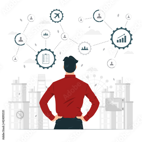 Business Strategy process management and automation concept illustration, automated work flow, gears, businessman