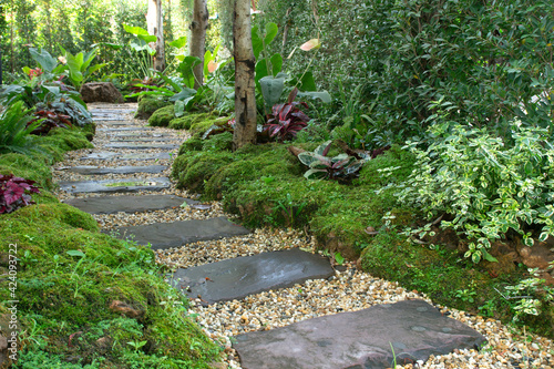 Landscaping in the green garden. pathway in park,curve walkway with stone tile