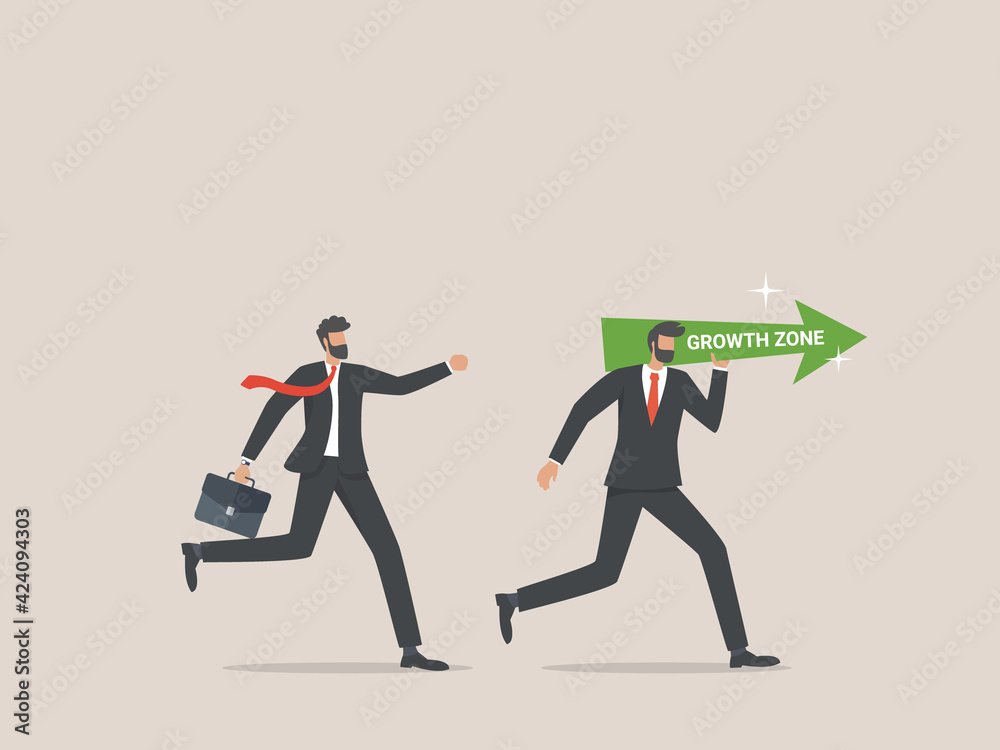 Businessman running out of the comfort zone to growth zone Businessman running out of the comfort zone to growth zone