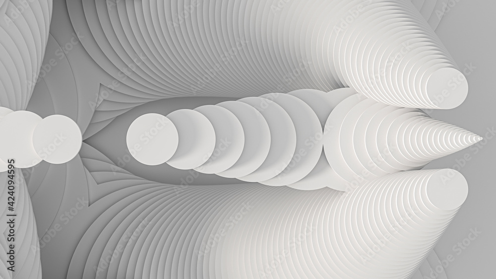 Abstract creative modern parametric white light 3D three-dimensional background. A complex geometric rounded volume cut into many parts forming steps. 3d illustration