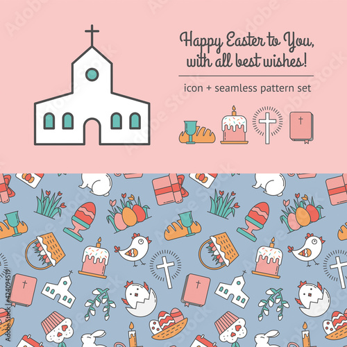 Scrapbooking Set with Seamless Pattern of Linear Easter Icon and Spring Celebration Element. Simple Image with Traditional American Church, Wine and Bread, Russian Kulich, Christianity Cross and Bible