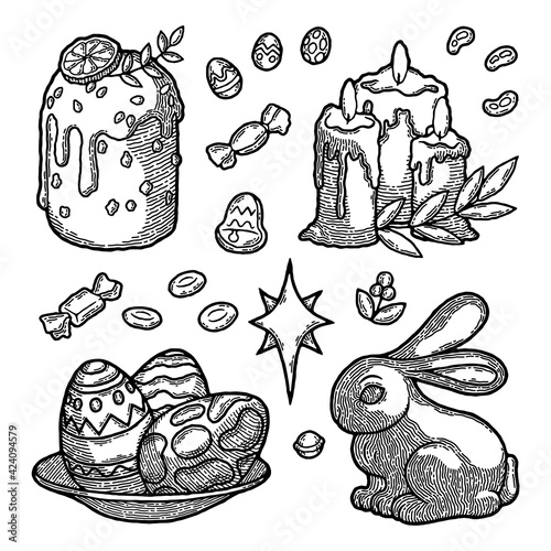 Rustic Traditional Easter Cake Monochrome Etched Set in Engraving Style. Russian Christianity Bakery Kulich drawn in Boho Style. Painted Egg with Pattern, Chocolate Bunny, Orange Slice, Candle, Icing