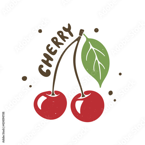 Colorful cherry illustration with hand drawn lettering isolated on transparent background. Cherries on a branch with a leaf