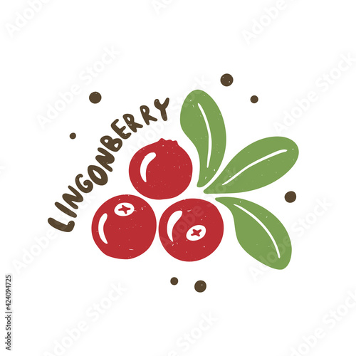 Colorful lingonberry illustration with hand drawn lettering isolated on transparent background
