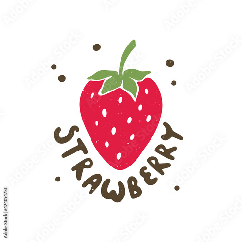 Colorful strawberry illustration with hand drawn lettering isolated on transparent background
