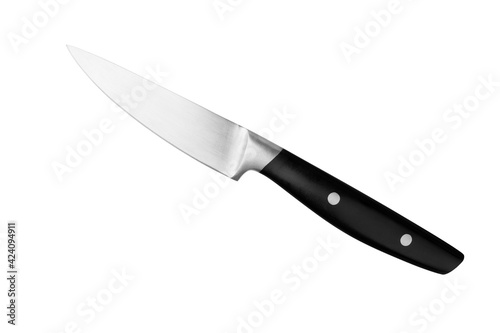 Obraz na plátně Steel paring knife with black plastic handle on white background isolated closeu